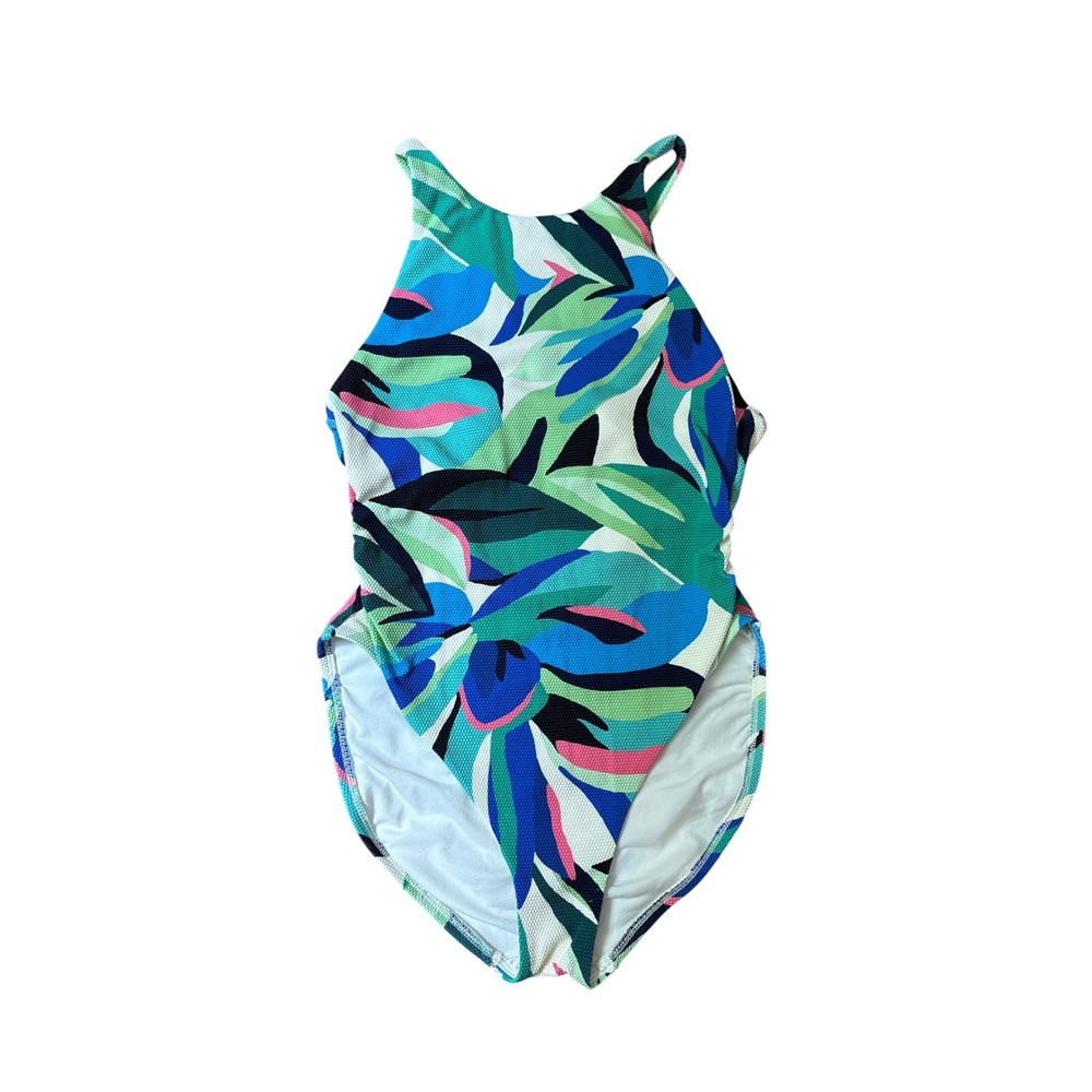 Shade & Shore One Piece Swimsuit Womens Blue Green Tropical Leaf SIZE S 4-6